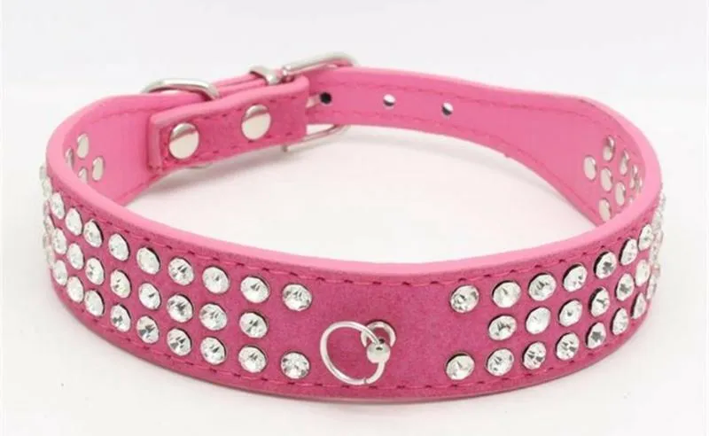 Personalized Length Suede Skin Jeweled Rhies Pet Collars Three Rows Sparkly Crystal Dias Studded Puppy Dog Collar