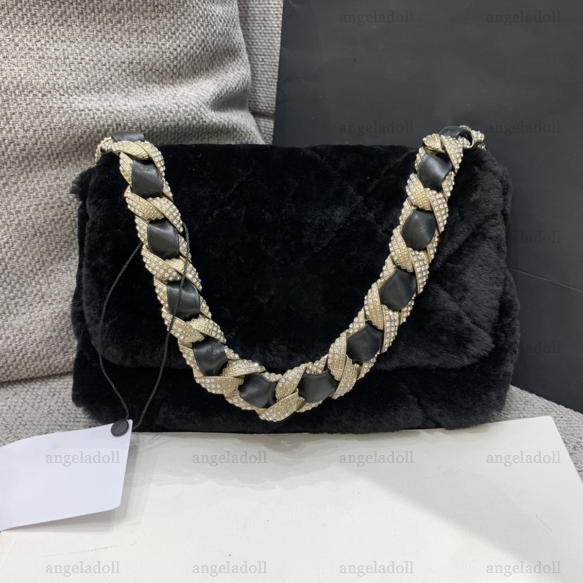 10A Mirror Quality Designers Mini Rectangular Flap Bag 20cm Womens Wool Quilted Purse Black Real Leather Lambskin Interior Handbag Rhinestones Clutch With Box, Carton