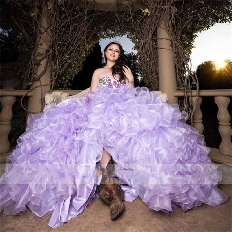 Mexican Lavender Princess Ball Gown Quinceanera Dresses Flowers Appliques Beads Ruffles Birthday Prom Party For 15Th Girls 322