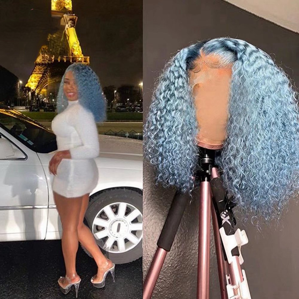 Mogolian Hair Blue Red Kinky Curly Lace Front Wig 180 Density HD Lace Frontal Wig Colored Transparent Orange /Grey Synthetic Lace Front Wigs Preplucke