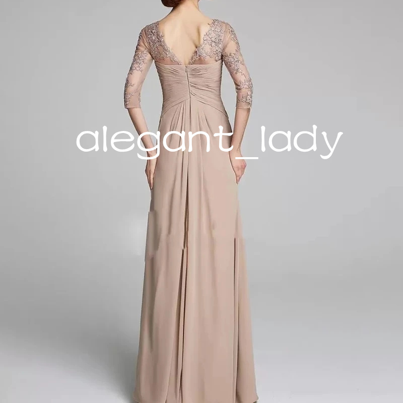 Modest Champagne Mother of the Bride Dresses with 3/4 long sleeve Plus Size Ruched Lace Applique mother occasion Prom gown