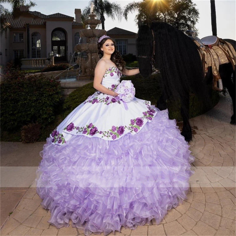 Mexican Lavender Princess Ball Gown Quinceanera Dresses Flowers Appliques Beads Ruffles Birthday Prom Party For 15Th Girls 322
