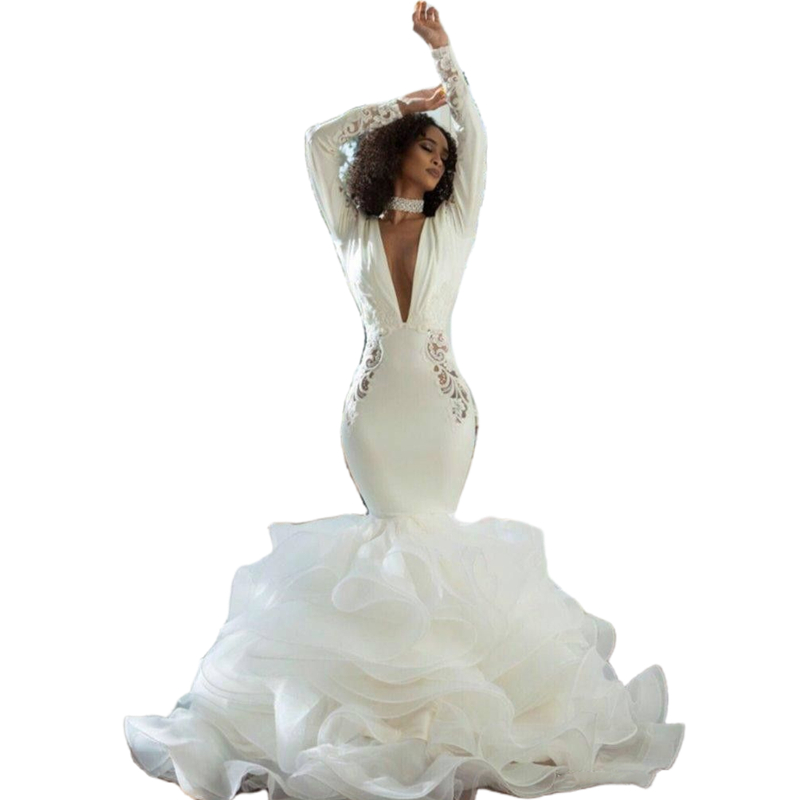 Luxury Ruffles Mermaid Wedding Dresses Long Sleeves Lace Appliques Hollow Backless Tiered Sexy Bridal Gowns Satin Organza Ivory Robe De Mariee