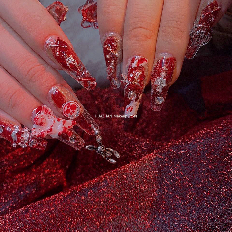 False Nails Girl Style Spooky Mask Rabbit Press on Nails Y2K Handmade Halloween False Nails with Adhesive Long Coffin Acrylic False Nail Tip 230617
