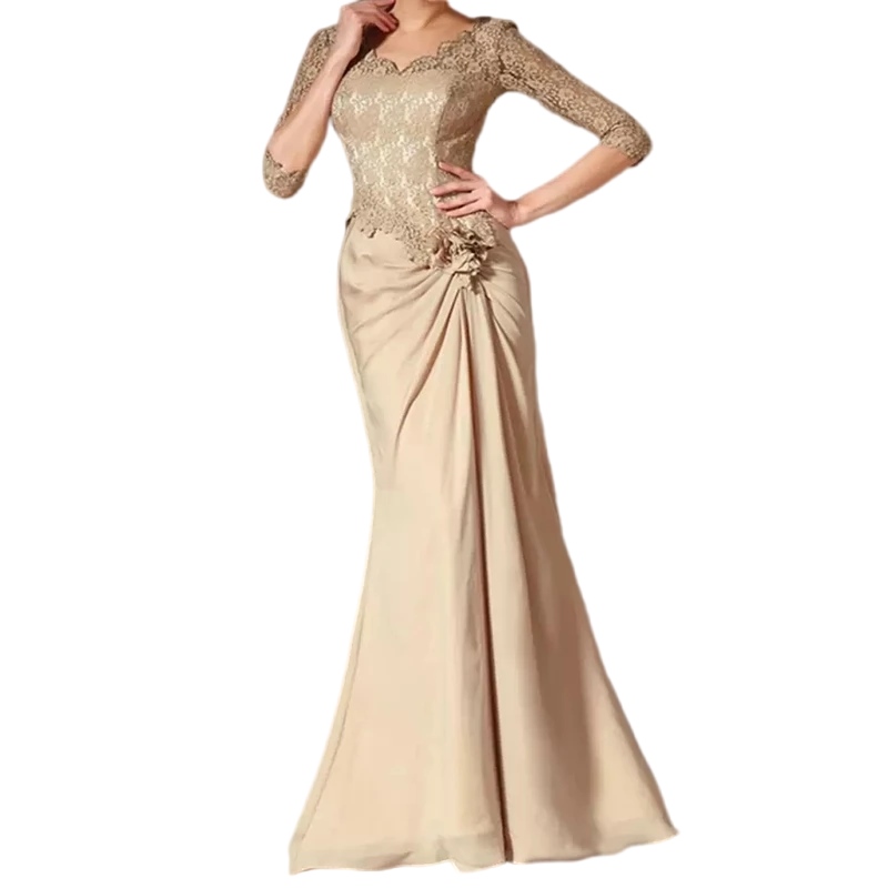 Champagne Modest Mother of the Bride Dresses Long Mermaid Style Lace Chiffon V-Neck 3 /4 Long Sleeve mother occasion gown
