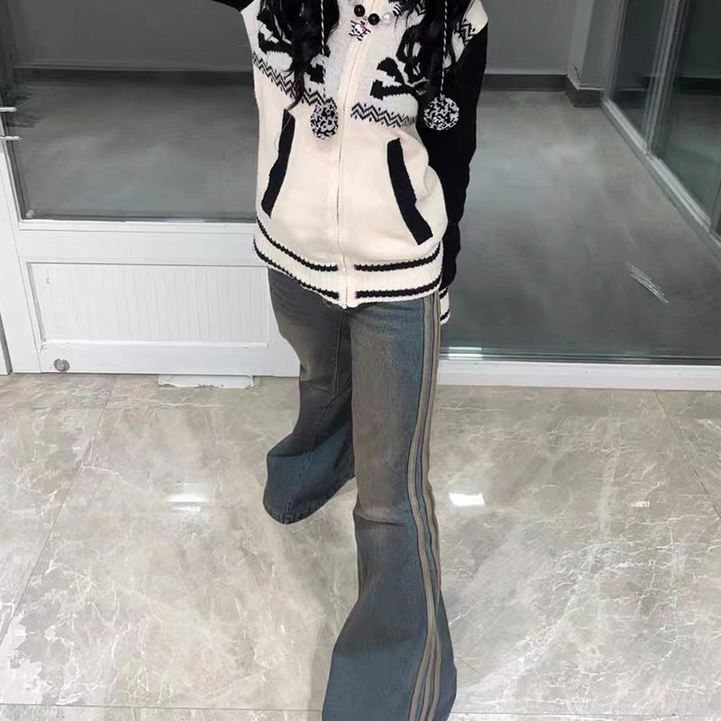 Women s Two Piece Pants Karrram Grunge High Waist Flare Jeans Vintage Striped Denim Y2k Harajuku Bell Bottom 2000s Skinny Mopping 90s 230522