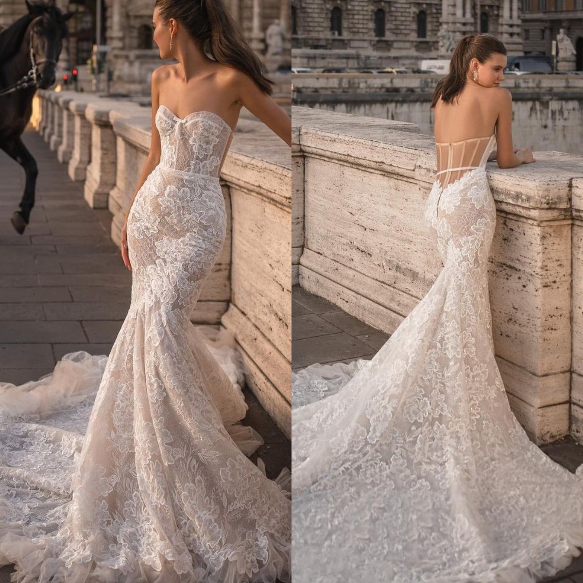 Berta Backless Mermaid Dresses Sweetheart Lace Wedding Dress Sweep Train Robe De Mariee Bridal Gowns 0218