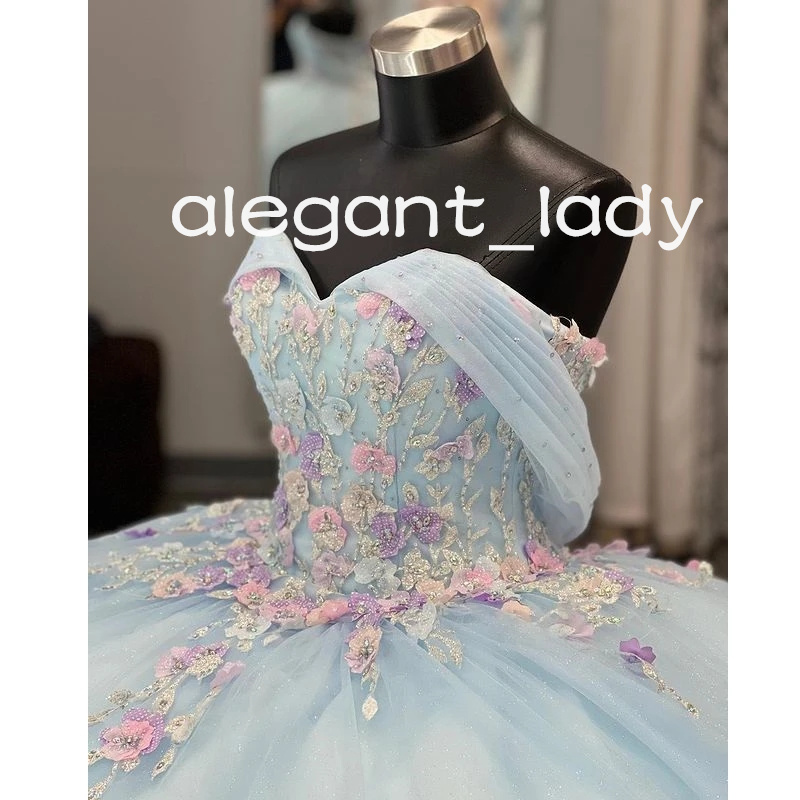 Sky Blue Quinceanera Dresses Pink 3D Flowers Floral Appliques Off Shoulder lace-up Corset prom Vestidos De XV Anos