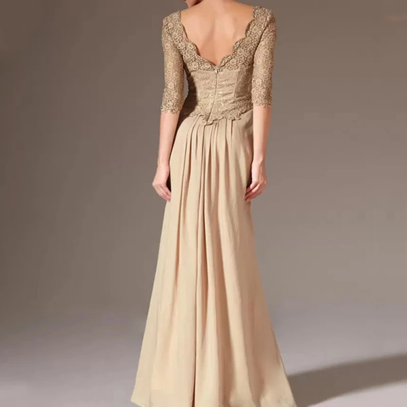 Champagne Modest Mother of the Bride Dresses Long Mermaid Style Lace Chiffon V-Neck 3 /4 Long Sleeve mother occasion gown