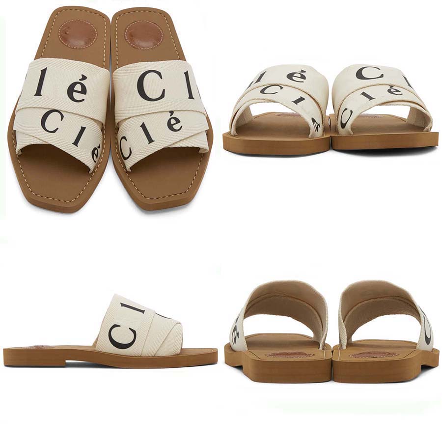 Designer Sandals Woody Slippers Luxury Brand Canvas Square Toe Letter Embroidery Summer Fashion Sandal Flat Bottomed Mule Beach Outdoor Home Slide Size 35-42