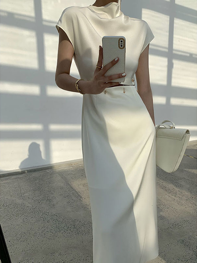 Basic Casual Dresses TWOTWINSTYLE Elegant White Long Dress Female Round Neck Short Sleeve High Waist Cut Out Midi For Woman Clothing Fashion 230522