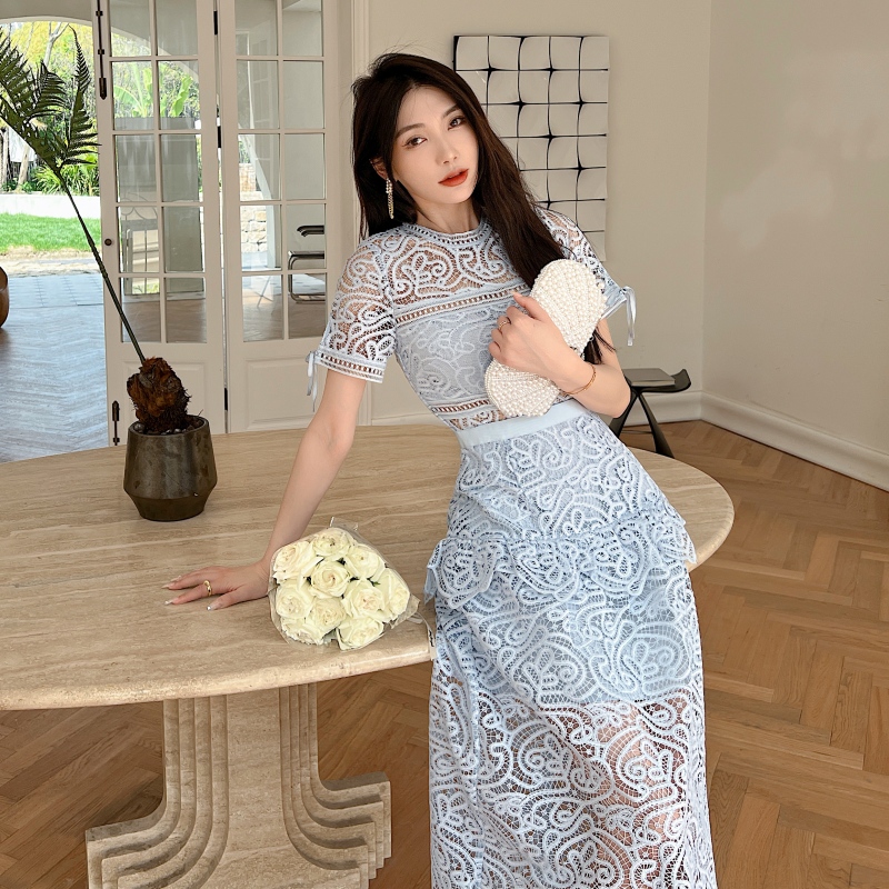 Casual Dresses S-elf-Portrait Blue Abstract Guipure Lace Midi Dress New