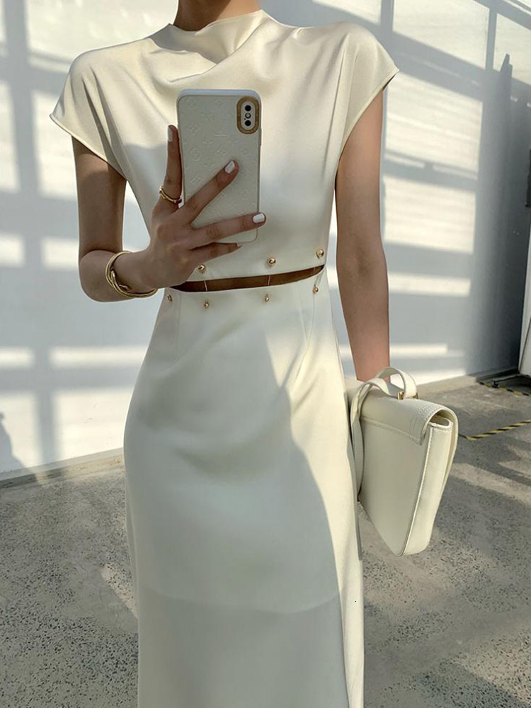 Basic Casual Dresses TWOTWINSTYLE Elegant White Long Dress Female Round Neck Short Sleeve High Waist Cut Out Midi For Woman Clothing Fashion 230522
