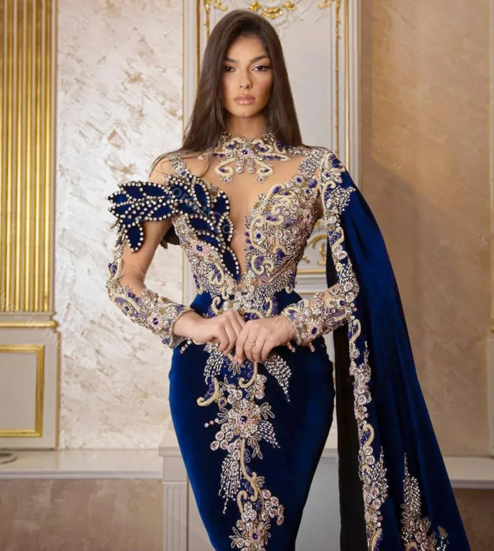 Velvet Gorgeous Evening Dresses Mermaid High Neck Long Sleeve Floor-Length Sweep Train Beaded Crystal Applique long Illusion Prom Party Gown