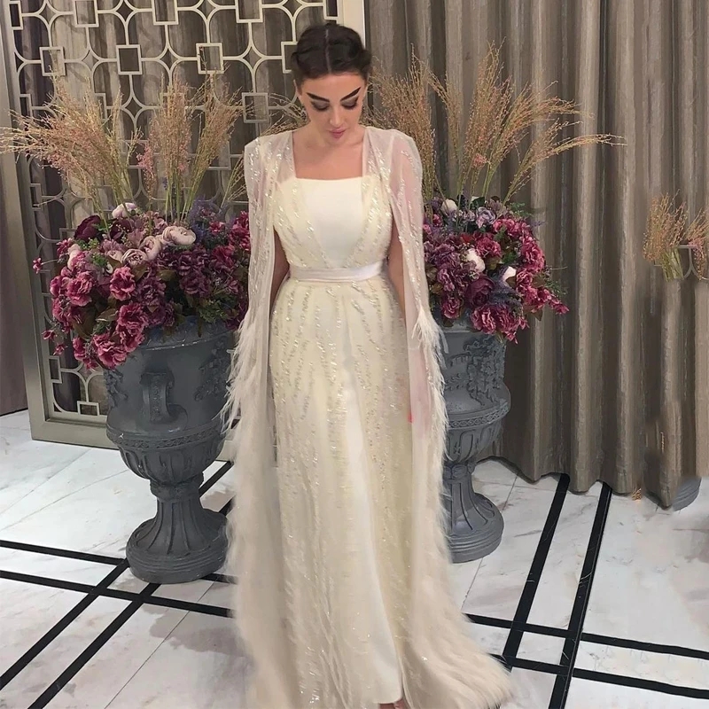 Luxury Dubai Feathers Crystal Evening Dresses with sleeve cape for Women Party Arabic Formal Prom occasion Gowns