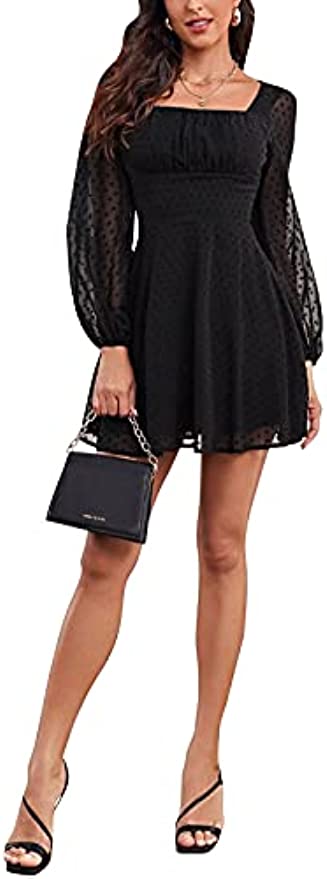 Designer fashion new European and American women polka dot square collar a long-sleeved Swiss polka dot mini skirt