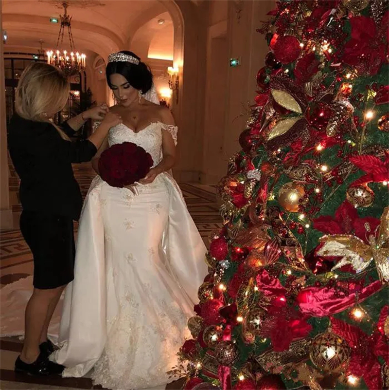 Gorgeous Satin Mermaid Wedding Dresses With Detachable Train Lace Appliques Beaded Off The Shoulder Long Bridal Gowns Arabic Dubai Vestido De Novia