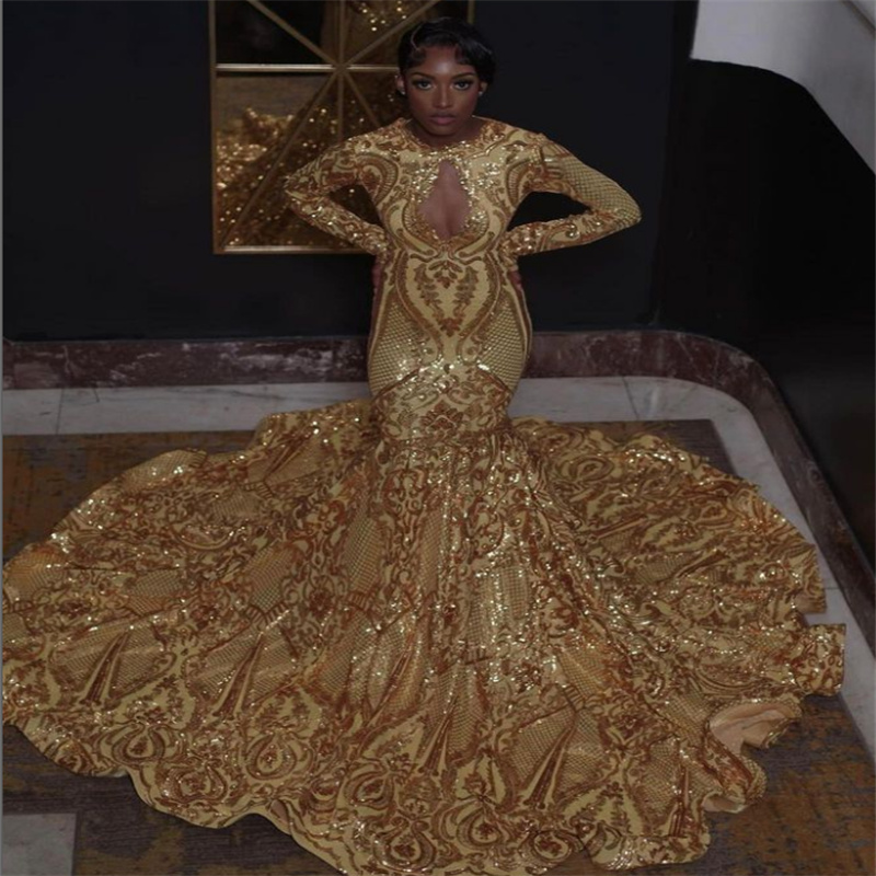 Sparkle Gold Sequin Prom Dress 2023 Long Sleeve Backless Black Girls Formal Party Gowns Mermaid Birthday 15 Years Prom Dress robe de soiree vestido de