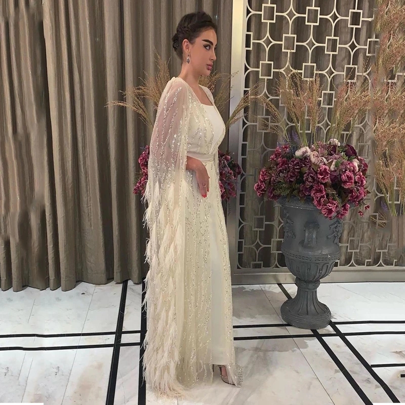 Luxury Dubai Feathers Crystal Evening Dresses with sleeve cape for Women Party Arabic Formal Prom occasion Gowns