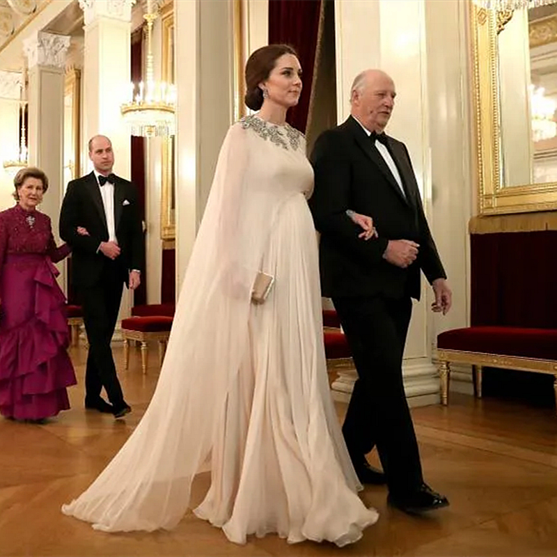 Kate Middleton Formal Evening Dresses Pregnant Woman Plus Size Chiffon Celebrity Party Gowns With Wrap Cape Sleeves Appliques Beaded Long Prom Dress H