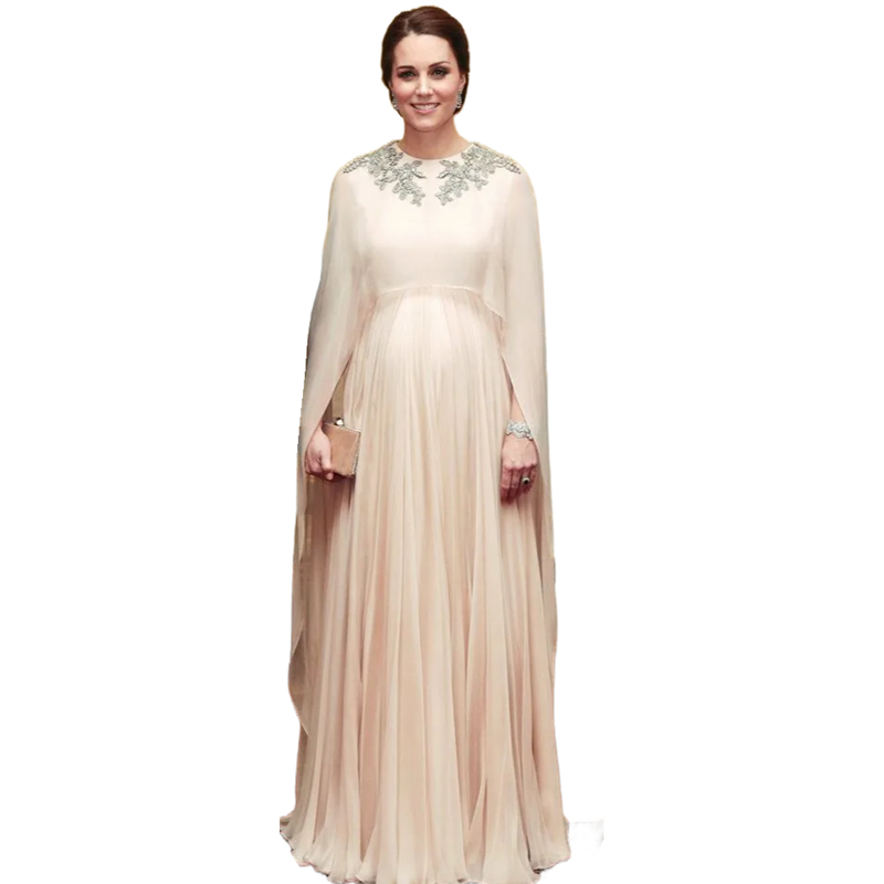 Kate Middleton Formal Evening Dresses Pregnant Woman Plus Size Chiffon Celebrity Party Gowns With Wrap Cape Sleeves Appliques Beaded Long Prom Dress H