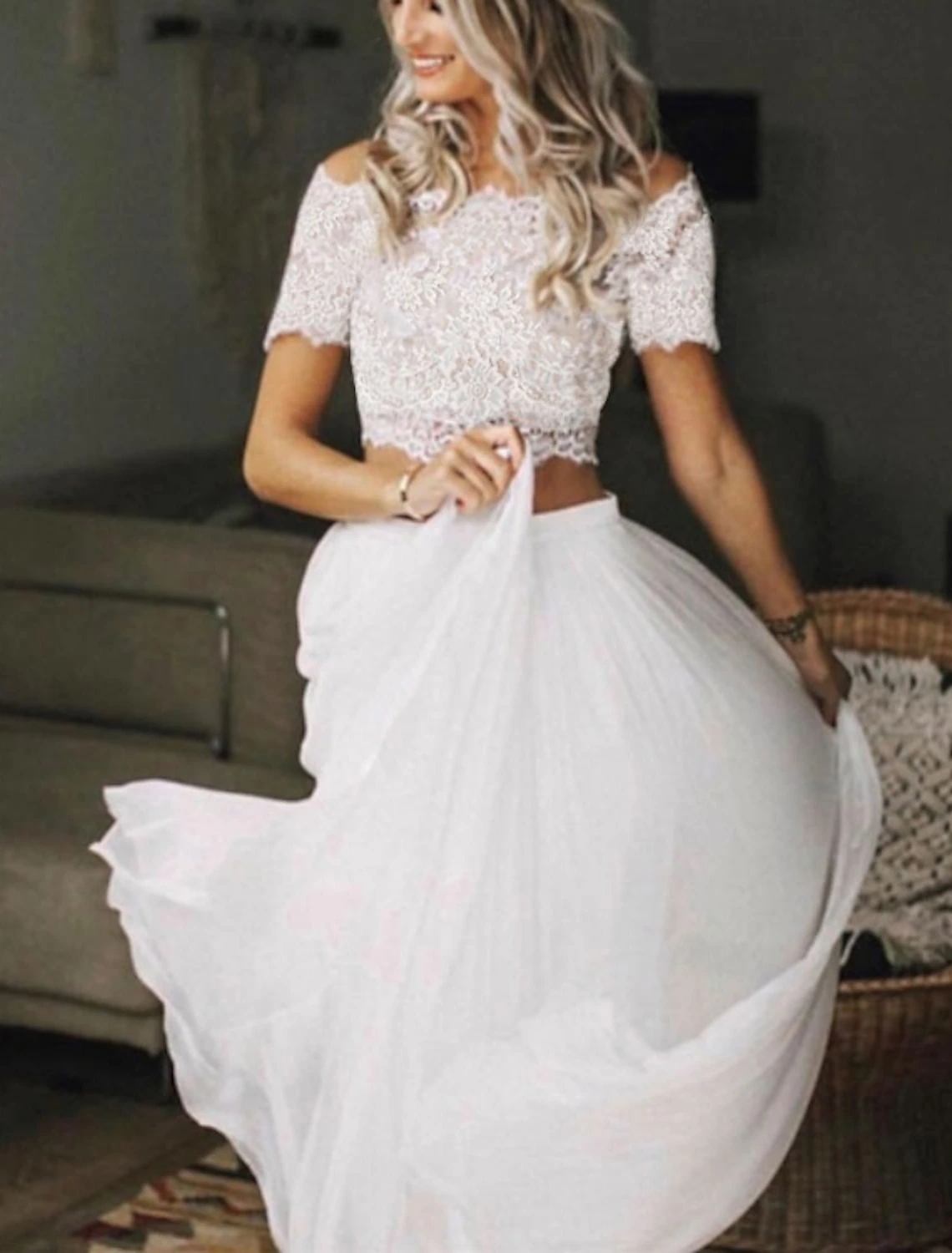 Beach Boho Wedding Dress Two Piece Off Shoulder Chiffon Lace Bridal Party Gown Vestidos De Novia Customed Robe De Mariage 2023