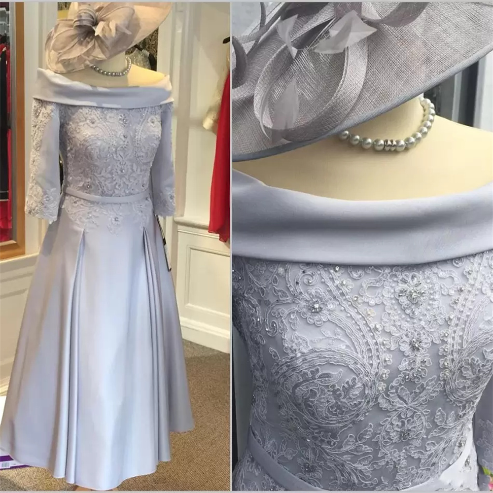 Vintage Short Mother of the Bride Dresses Half Sleeve A Line Elegant Tea Length Beads Lace Satin Evening Wear Prom Wedding Guest Party Gowns