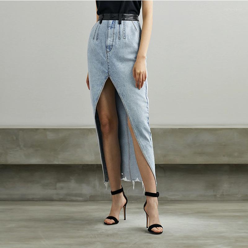 Women's Jeans Women Irregular Front Slit Design Cut Denim Skirt 2023 Fashion High Waisted Slim Long