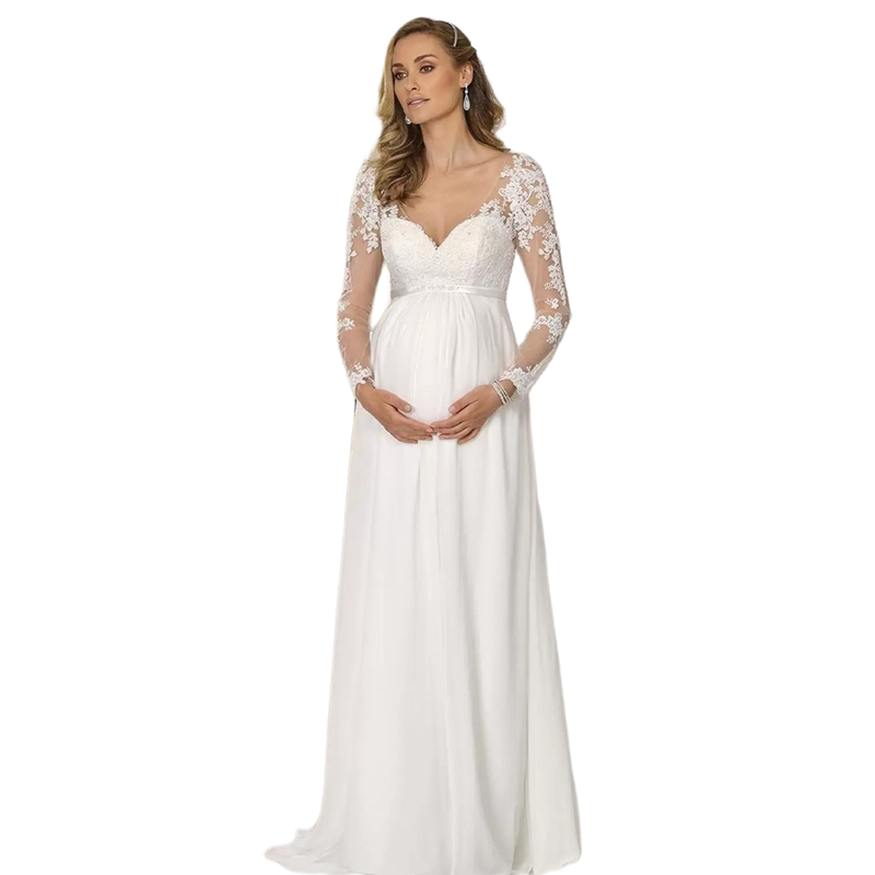 Maternity Wedding Dresses For Pregnant Women Chiffon A-Line Beach Boho Bridal Gowns Illusion Long Sleeves V-Neck Lace Appliques Empire Waist Vestido D
