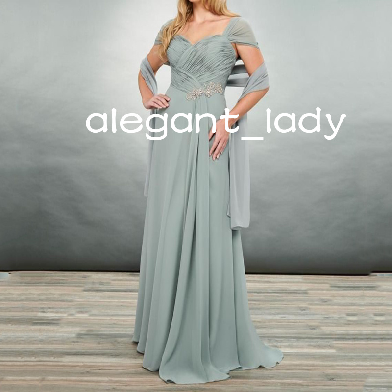 Dark Platinum Mother of the Bride Dresses Short Sleeve with Wrap Pleated Chiffon Beaded Mother Prom Occasion Dress