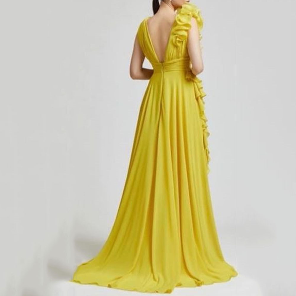 Elegant Long Chiffon Prom Dresses Ruffle Side High Split Sexy Celebrity Evening Gowns V-Neck Sleeveless Bridesmaid Dress Summer Beach Robe De Soriee