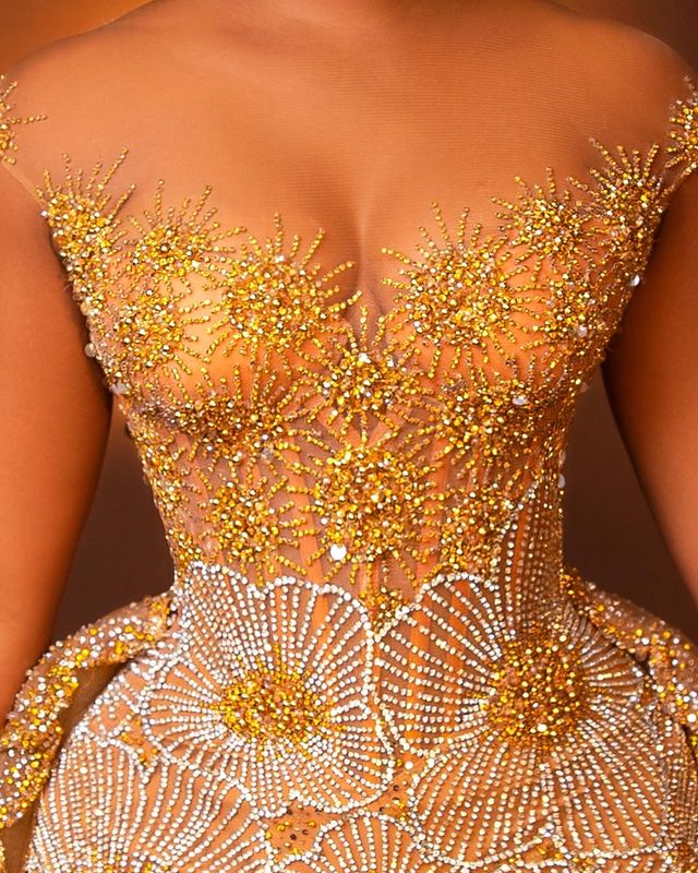 2023 AMVCA Aso Ebi Gold Mermaid Prom Dress Sequined Lace Tulle Evening Formal Party Second Reception Birthday Engagement Gowns Dress Robe De Soiree ZJ
