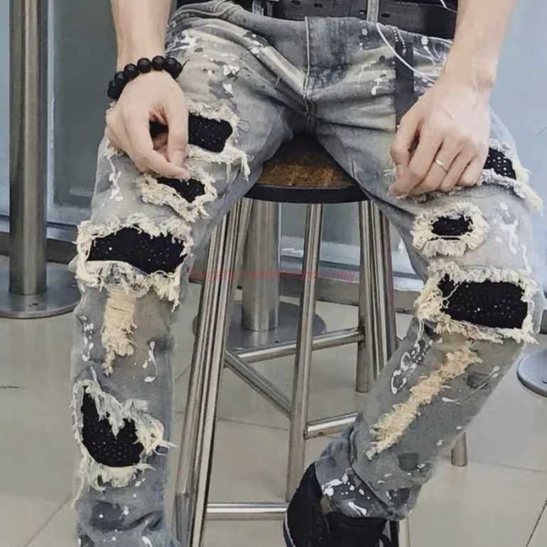 Designer Clothing Amires Jeans Denim Pants Amies 523 Jeans for Men with Spicy Ink Broken Holes Used Dirty Yellow Water Wash Iron Black Diamond Elastic Slim Fit Fashion, Blue
Designer Clothing Amires Jeans Denim Pants Amies 523 Jeans for Men with Spicy Ink Broken Holes Used Dirty Yellow Water Wash Iron Black Diamond Elastic Slim Fit Fashion, Blue