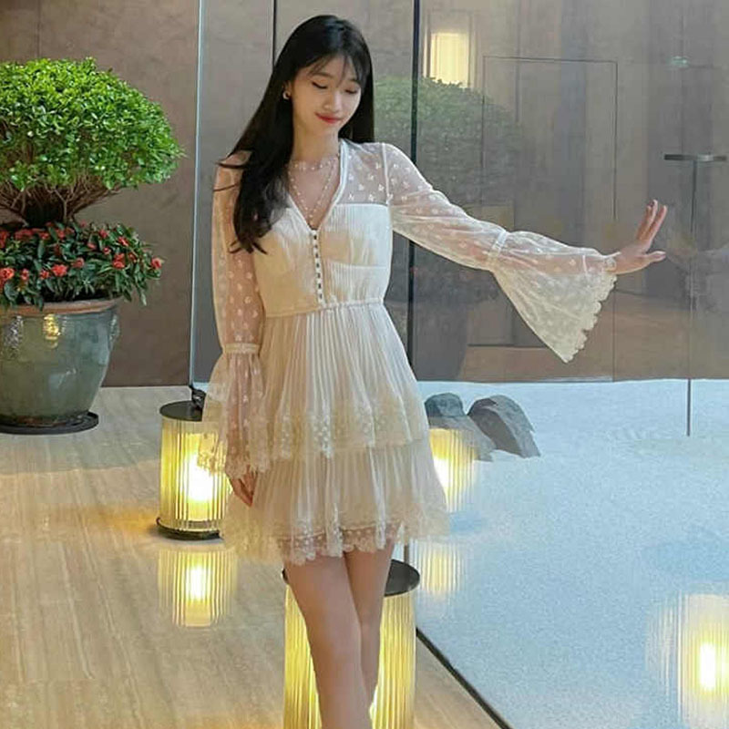 Casual Dresses S-elf-Portrait Chiffon Lace Mini Dress V Neck A-line Dress for Women White