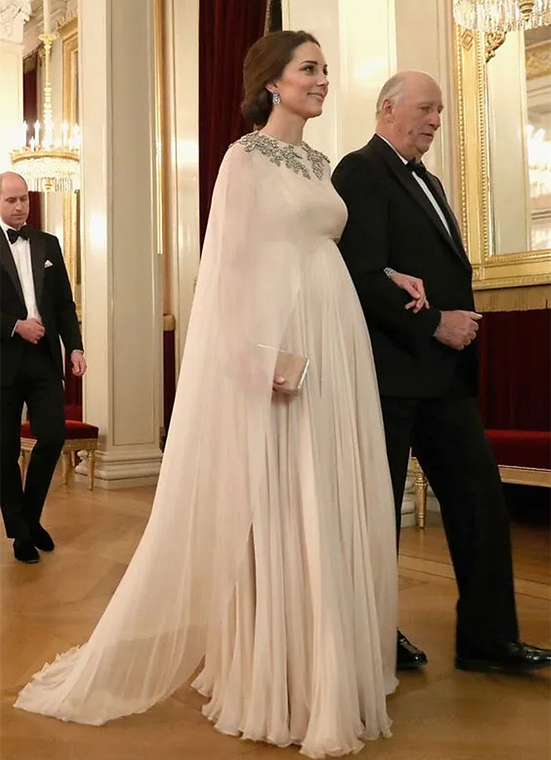Kate Middleton Formal Evening Dresses Pregnant Woman Plus Size Chiffon Celebrity Party Gowns With Wrap Cape Sleeves Appliques Beaded Long Prom Dress H
