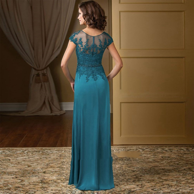 teal blue Lace Mother of the Bride Dresses with Beaded V Neck Floor Length Chiffon mother Formal Evening Gowns