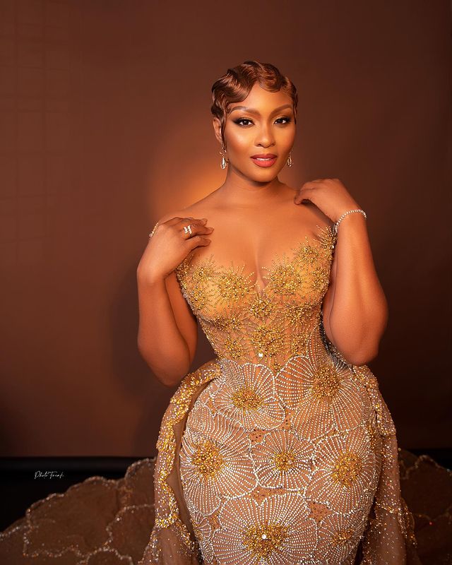 2023 AMVCA Aso Ebi Gold Mermaid Prom Dress Sequined Lace Tulle Evening Formal Party Second Reception Birthday Engagement Gowns Dress Robe De Soiree ZJ