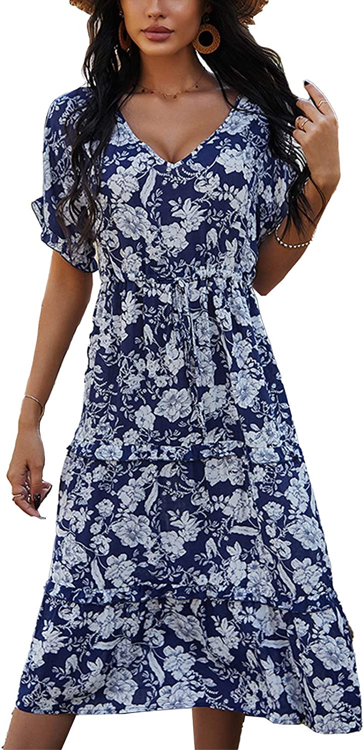 Women's Dresses Fashion New Summer Bohemian Casual Short Sleeve Floral Print Maxi Dress S-2XL