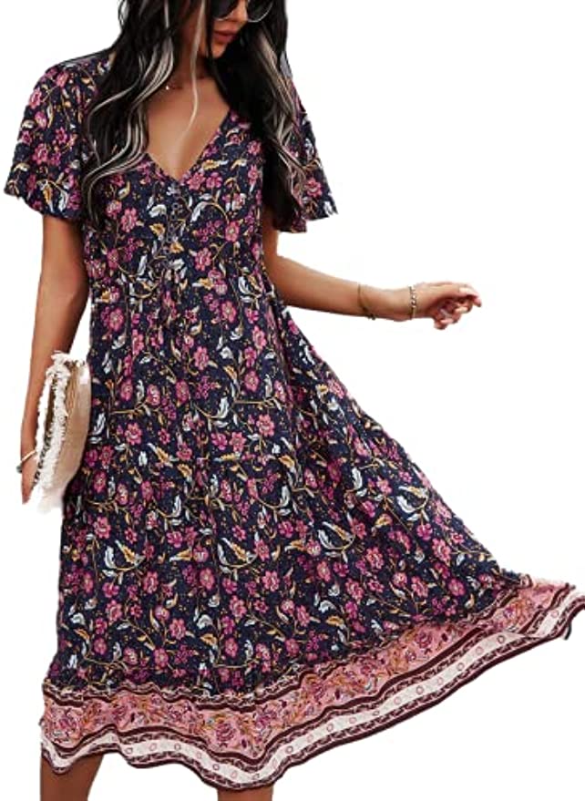 Women's Dresses Fashion New Summer Bohemian Casual Short Sleeve Floral Print Maxi Dress S-2XL
