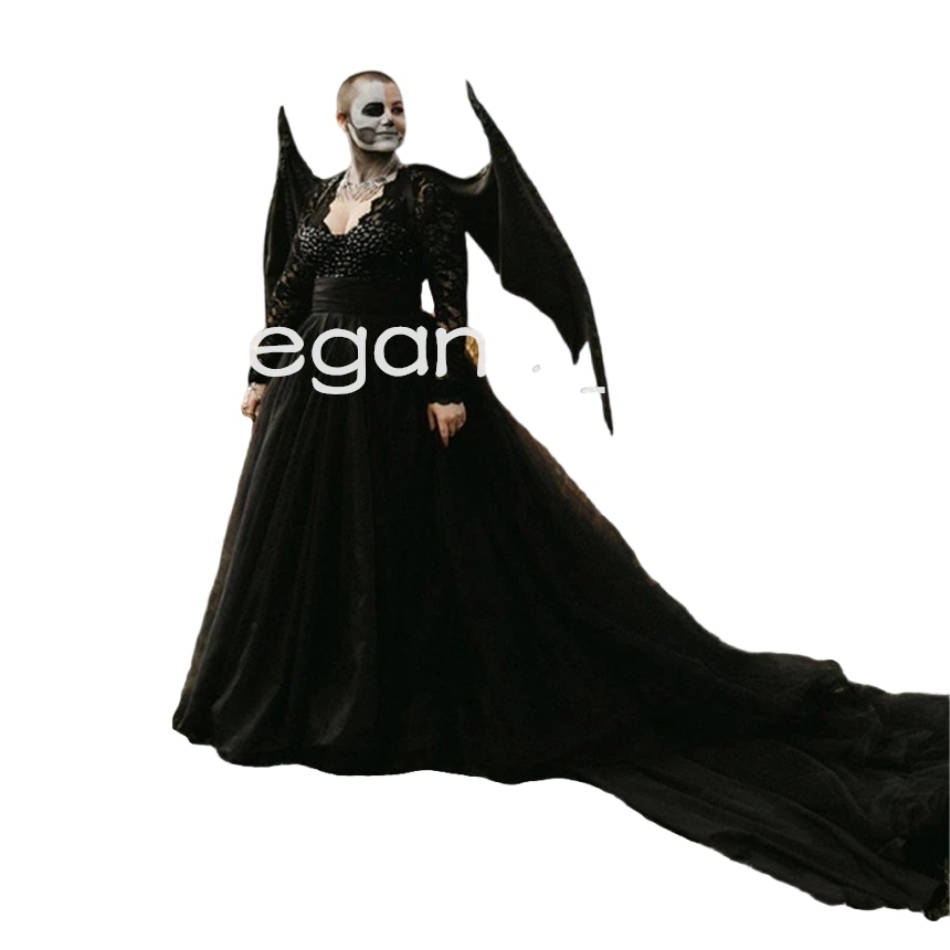 Holloween Black Long Sleeve Wedding Dresses 2023 Winter Lace Beaded Costune Cosplay Gothic Bridal Gown Vestido De Noiva