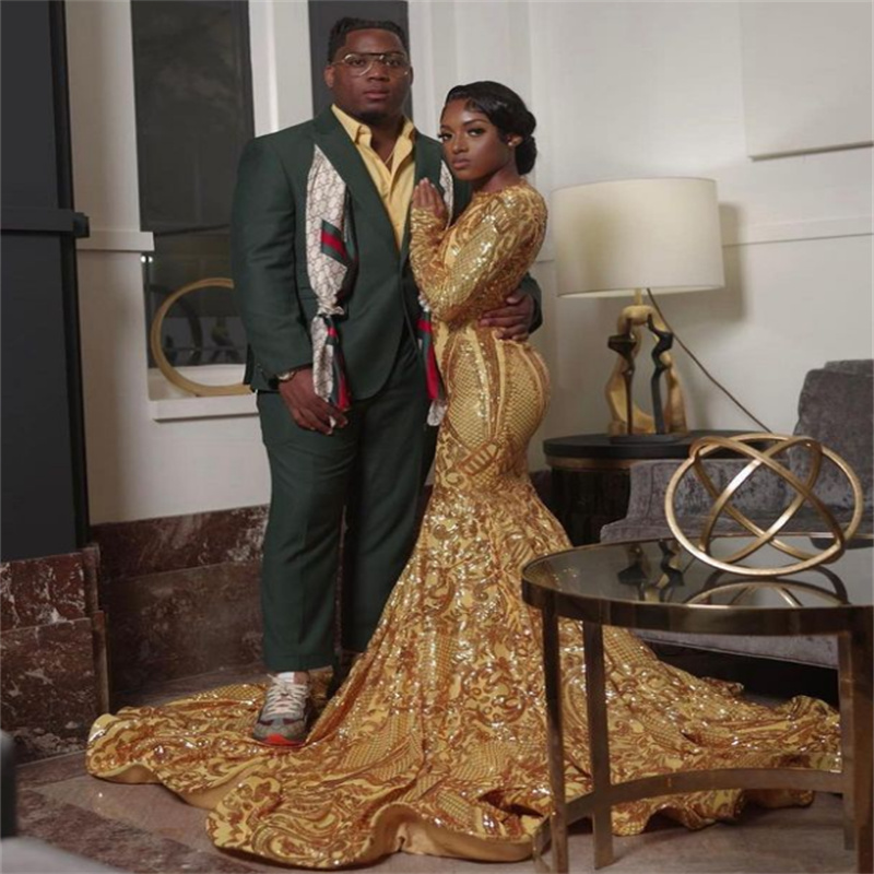 Sparkle Gold Sequin Prom Dress 2023 Long Sleeve Backless Black Girls Formal Party Gowns Mermaid Birthday 15 Years Prom Dress robe de soiree vestido de
