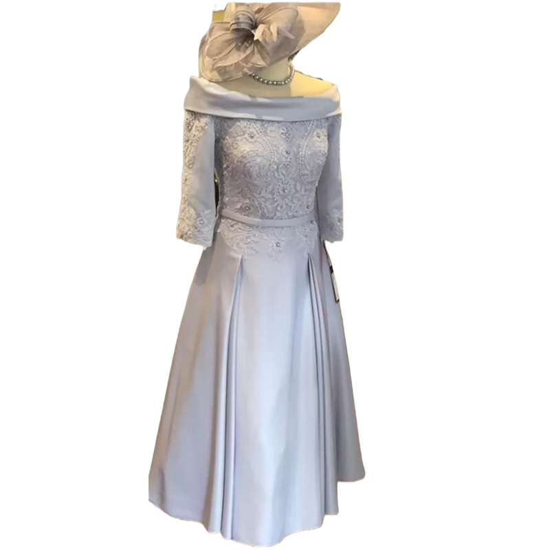 Vintage Short Mother of the Bride Dresses Half Sleeve A Line Elegant Tea Length Beads Lace Satin Evening Wear Prom Wedding Guest Party Gowns