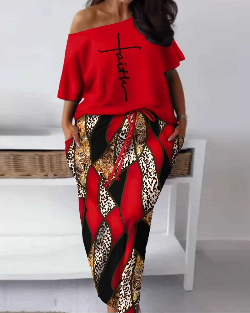 2023 Summer Printed Two Piece Dress Set Women Tracksuits Slash Neck Collar Short Sleeve Top Drawstring Sport Skirt Suit Plus Size 3xl 4xl 5xl Clothing