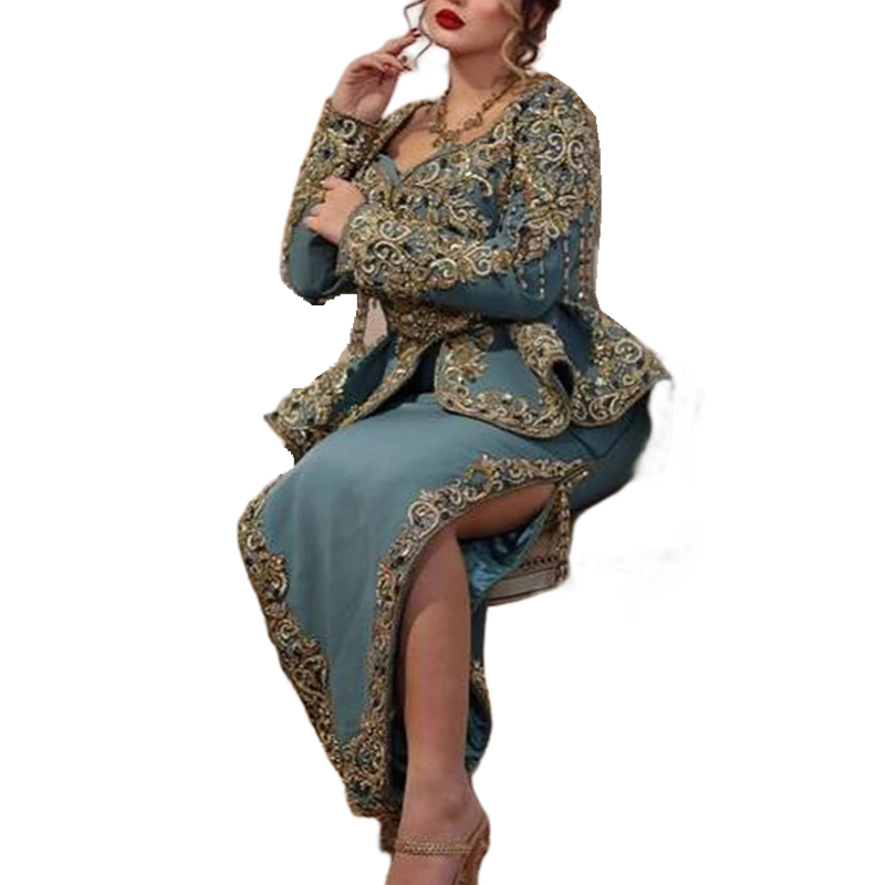 Elegant Karakou Algerian Prom Dresses Lace Appliques Beaded Long Sleeves Sweetheart Neck Side Slit Modern Formal Evening Gowns Arabic Special Occasion