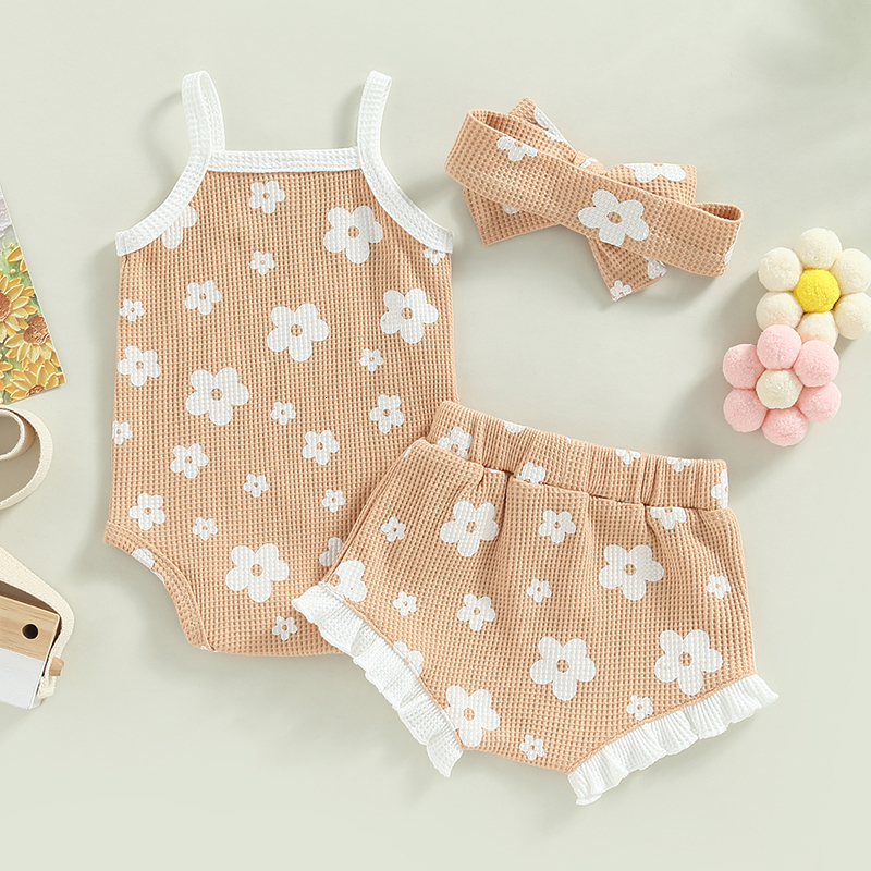 Clothing Sets Summer Toddler born Baby Girls Clothes Waffle Floral Print Sleeveless BodysuitsRuffes Drawstring ShortsHeadband 230522