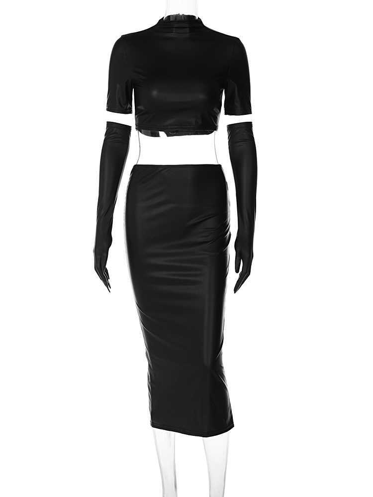 New Pu Leather Short Sleeve With Gloves Sexy Crop Top Zip Up Midi Skirt 2 Pcs Co Ords Set 2023 Spring Festival Streetwear