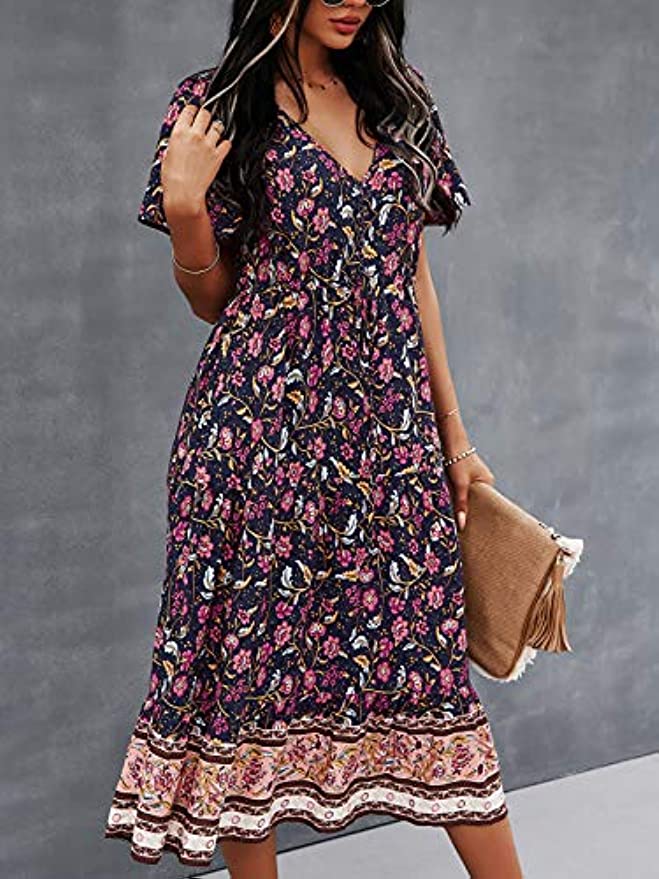 Women's Dresses Fashion New Summer Bohemian Casual Short Sleeve Floral Print Maxi Dress S-2XL