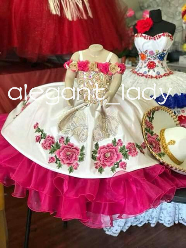 White Fuchsia Embroiderty Little Pricess Mini Quinceanera Dresses 2023 Floral Off Shoulder Infant Flower Girls Dress
