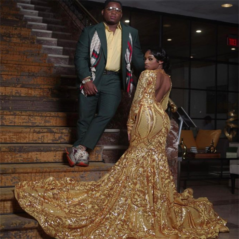 Sparkle Gold Sequin Prom Dress 2023 Long Sleeve Backless Black Girls Formal Party Gowns Mermaid Birthday 15 Years Prom Dress robe de soiree vestido de