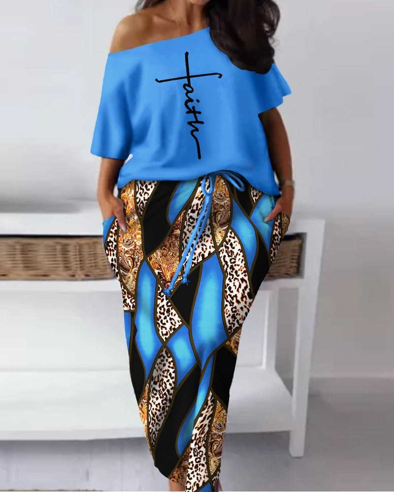 2023 Summer Printed Two Piece Dress Set Women Tracksuits Slash Neck Collar Short Sleeve Top Drawstring Sport Skirt Suit Plus Size 3xl 4xl 5xl Clothing